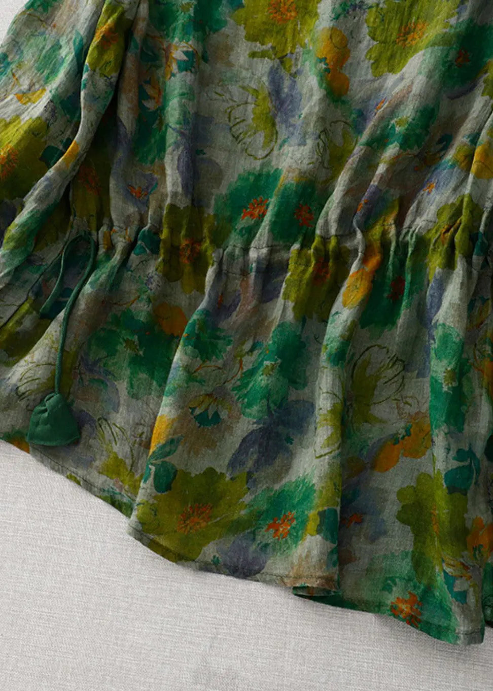 Natural Green O-neck Print Wrinkled Linen Tops Long Sleeve