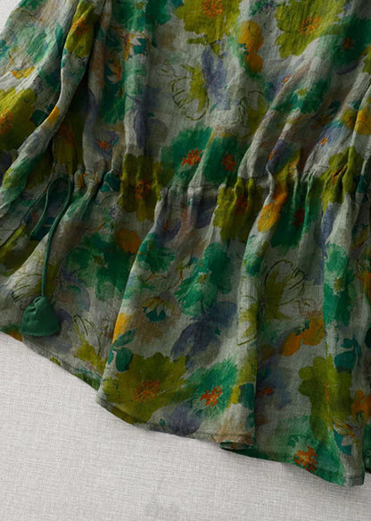 Natural Green O-neck Print Wrinkled Linen Tops Long Sleeve