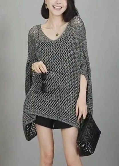 Simple Grey V Neck Hollow Out Knit T Shirts Batwing Sleeve
