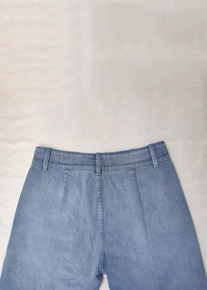 Simple Blue Pockets High Waist Denim Wide Leg Pants Summer