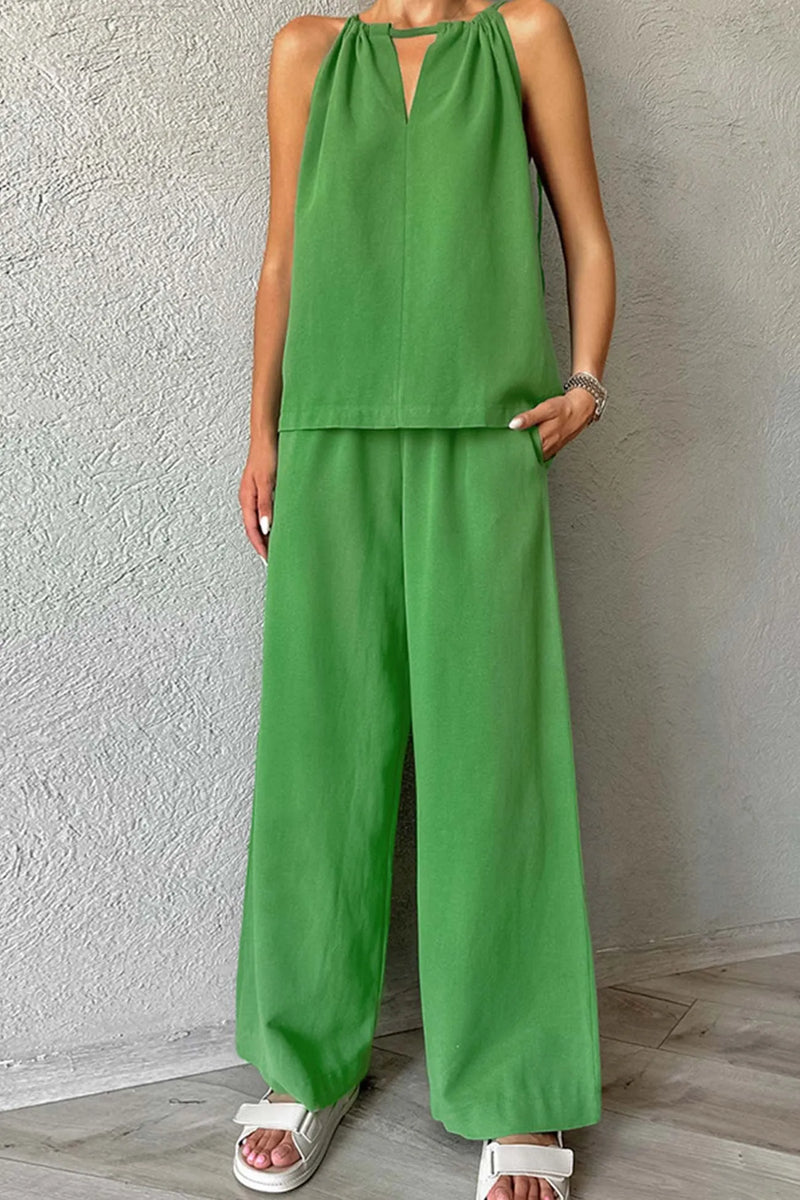 Tie-up Cutout Cotton Tank Top Long Pants Suits