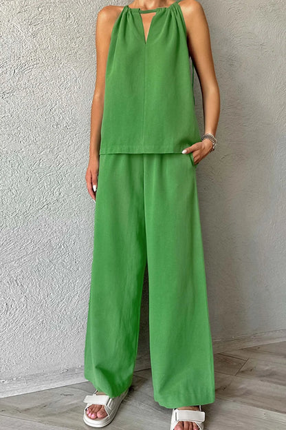 Tie-up Cutout Cotton Tank Top Long Pants Suits