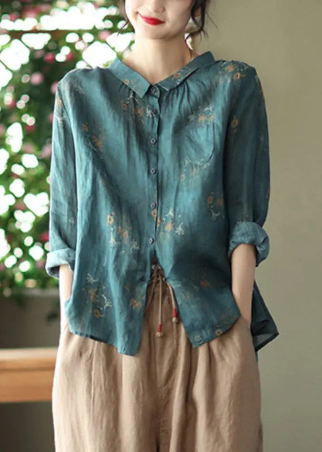 Retro Peacock Yellow Peter Pan Collar Print Button Wrinkled Shirts Long Sleeve