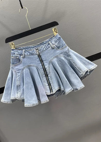 French Blue Ruffled Patchwork Denim Zippered Skirt Summer