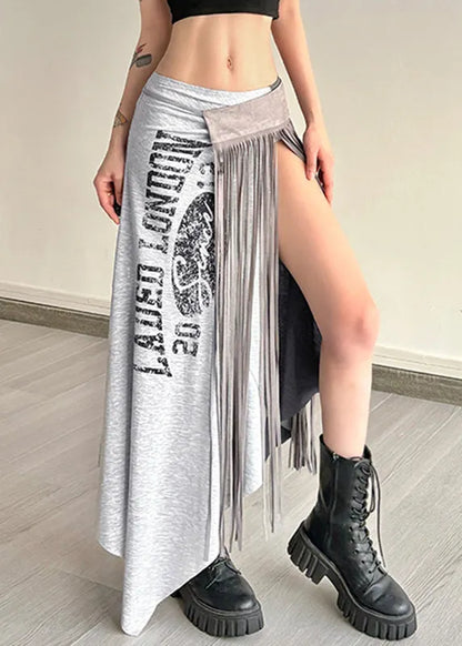 Grey Asymmetrical Graphic Wrinkled Tassel Maxi Skirts Summer