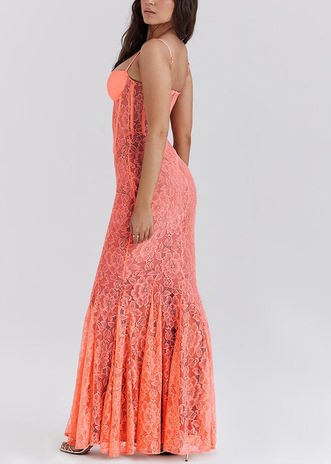 New Orange Backless Lace Slim Fit Spaghetti Strap Dress Summer