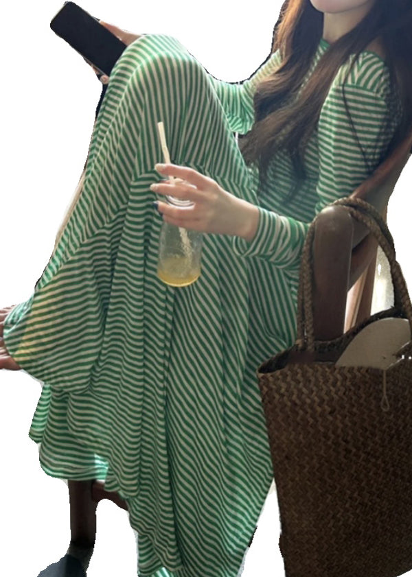 Green Striped Backless Cotton T Shirt Dress Long Sleeve