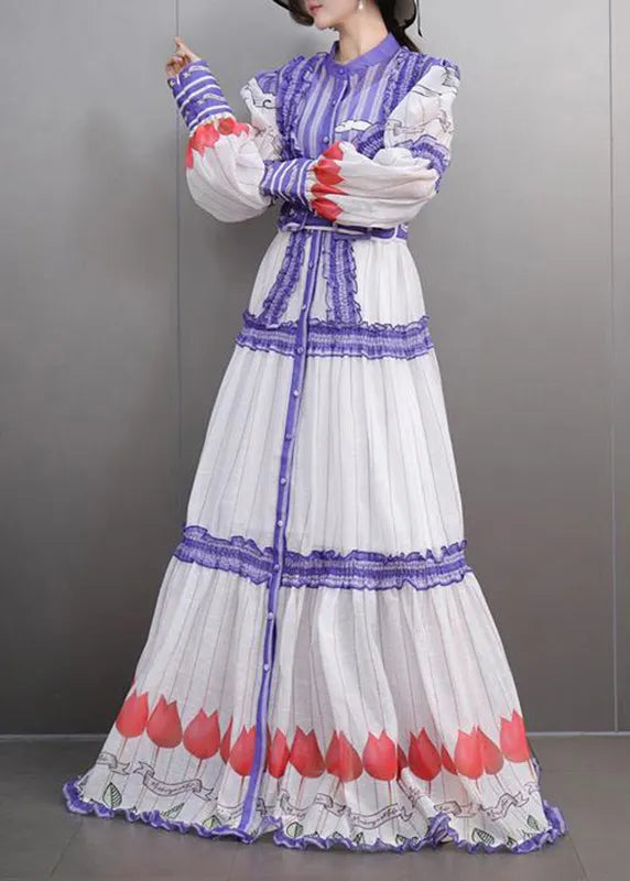 Fine White Stand Collar Ruffled Button Maxi Dress Lantern Sleeve