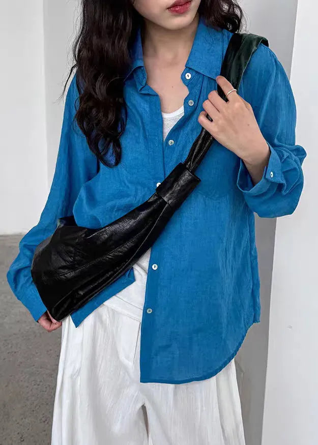Boutique Blue Patchwork Button Shirt Spring