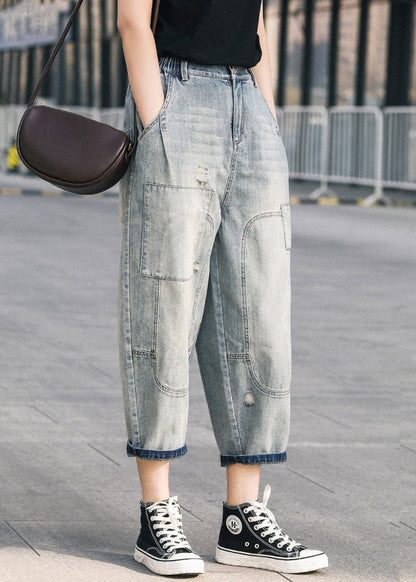 Blue Oversized Patchwork Applique Denim Ripped Pants Summer
