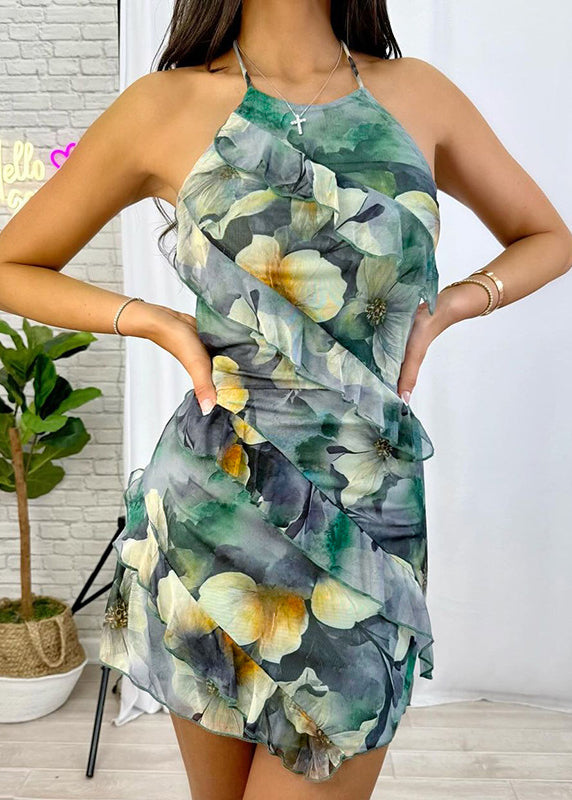 Red Ruffled Backless Print Silk Halter Dresses Summer