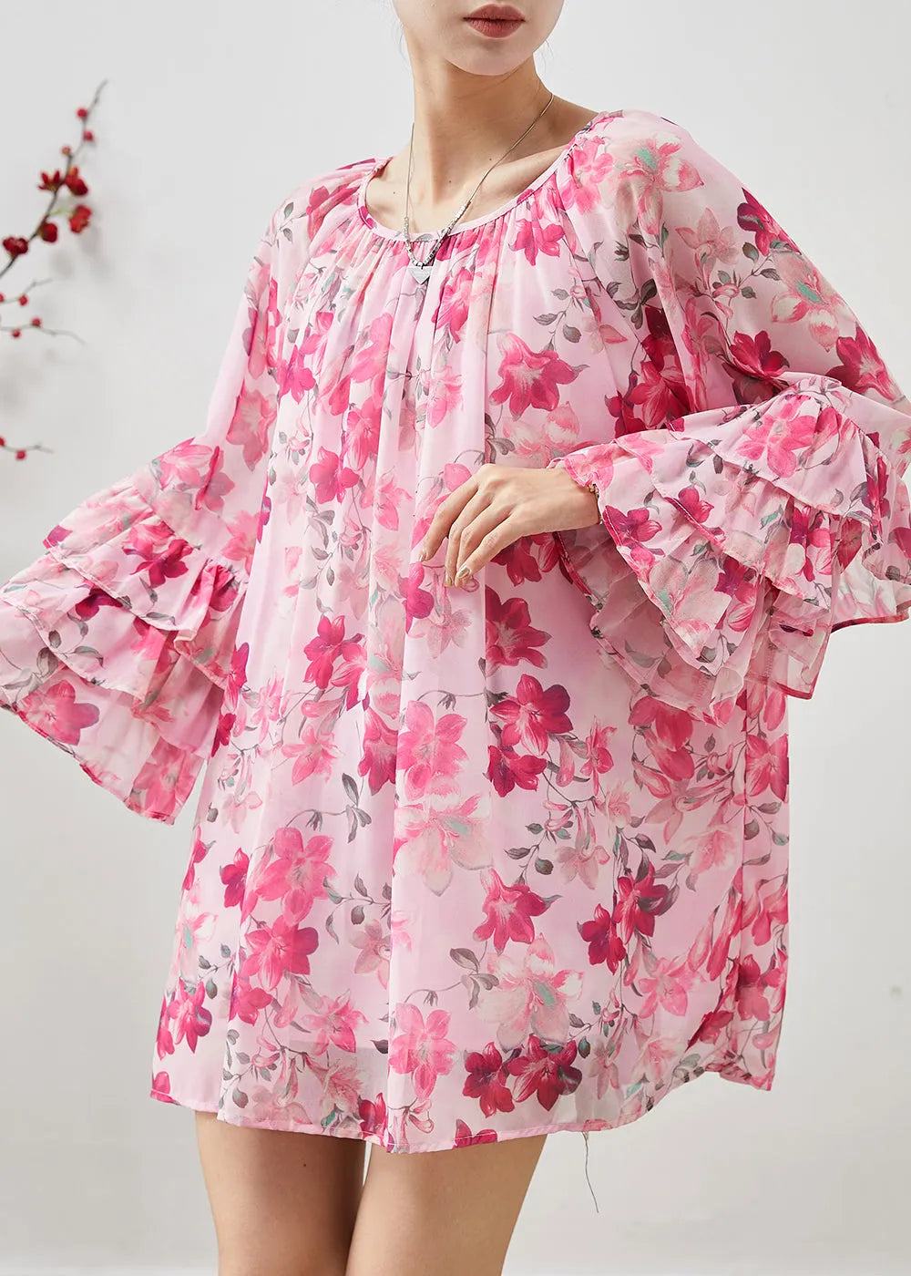Diy Pink Oversized Print Chiffon Top Flare Sleeve