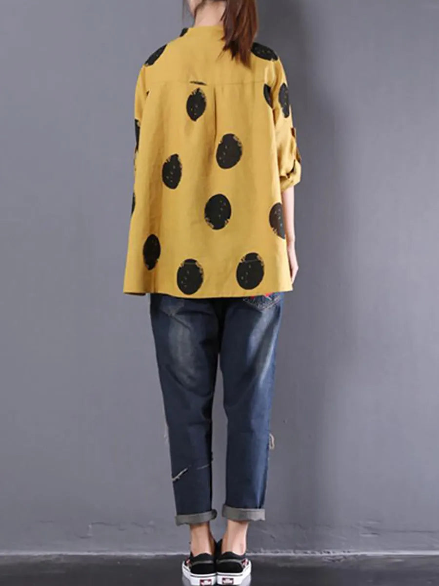 Loose Dots Long Sleeve Cotton Linen Shirt