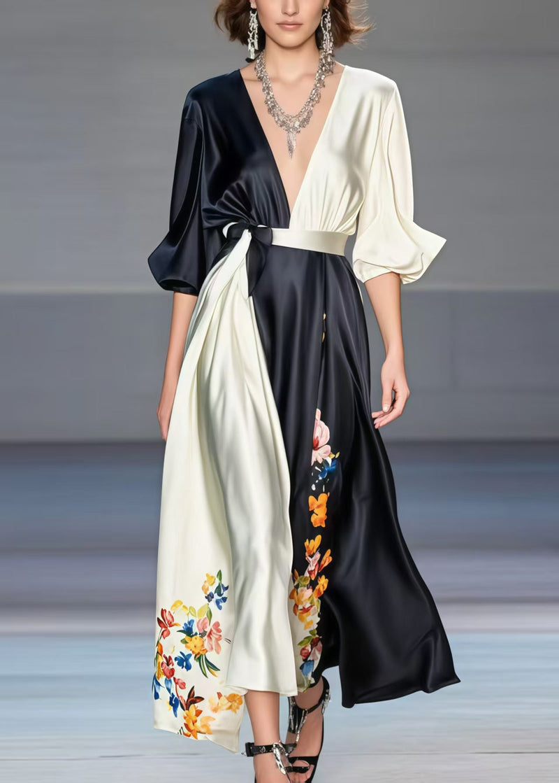 Black Asymmetrical Patchwork Print Silk Dress Spring