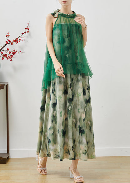 Green Cold Shoulder Tie Dye Chiffon Dresses Summer