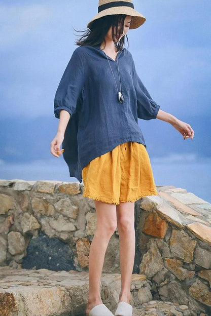 Loose Green and Yellow Linen Shorts Summer Trousers