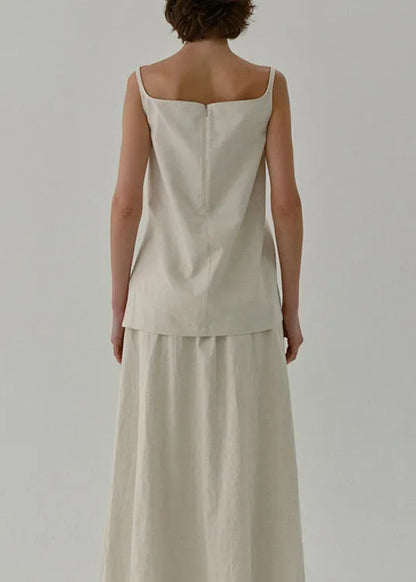 Beige Zip Up Linen Strap Tank Top Sleeveless