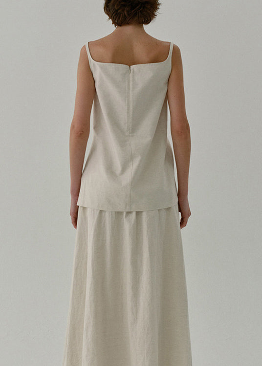 Beige Zip Up Linen Strap Tank Top Sleeveless