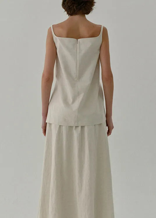 Beige Zip Up Linen Strap Tank Top Sleeveless
