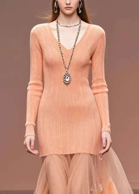 Unique Brick Red V Neck Patchwork Tulle Long Sweater Fall