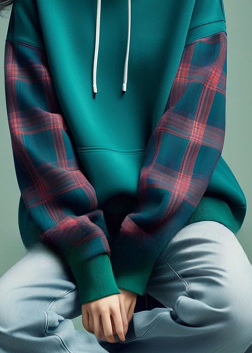 Blue Hooded Plaid Patchwork Cotton Sweatshirts Spring