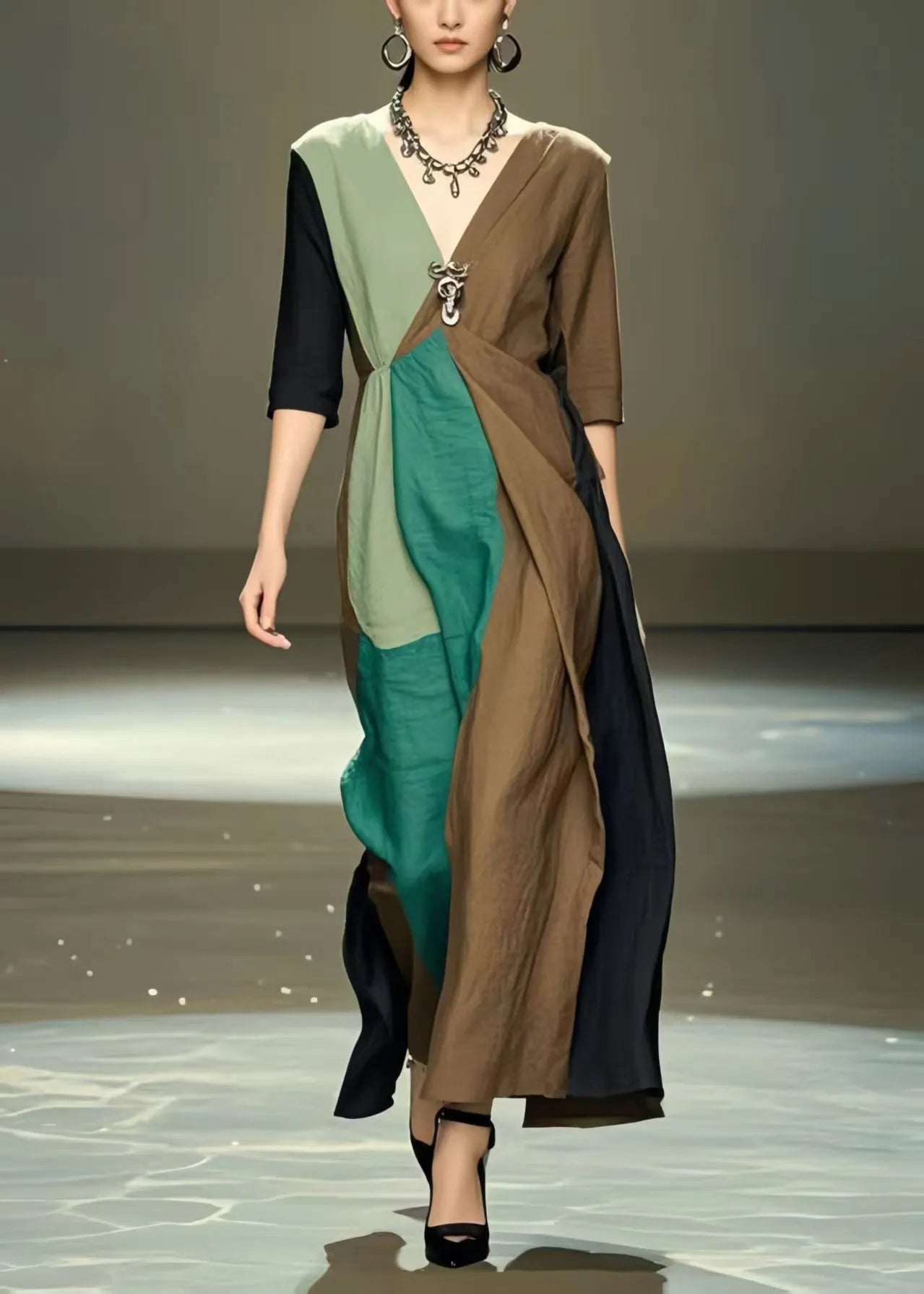 Handmade Polychrome Asymmetrical Patchwork Cotton Dress Half Sleeve
