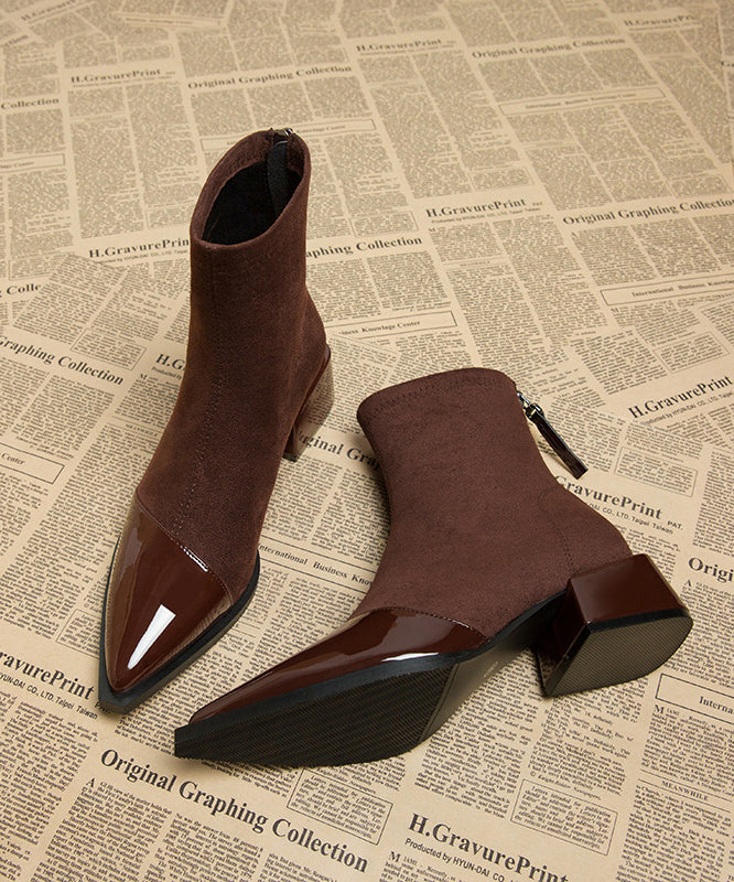 Brown Chunky Splicing Boots Pointed Toe