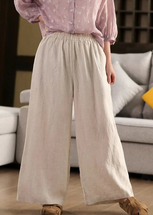 Beige Pockets Loose Linen Wide Leg Pants Elastic Waist Summer