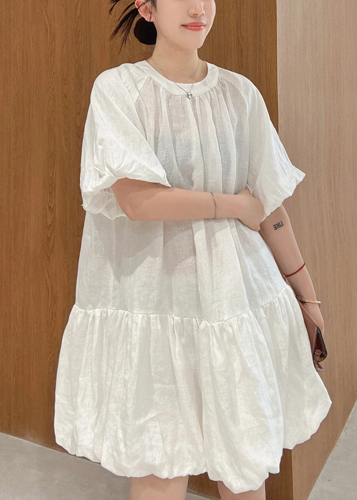 White Wrinkled Linen Mid Dress Puff Sleeve
