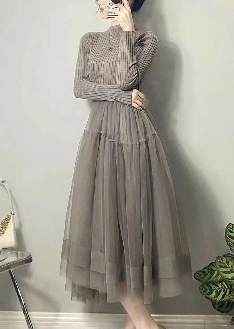 Grey Asymmetrical Tulle Patchwork Long Dresses Fall