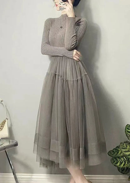 Grey Asymmetrical Tulle Patchwork Long Dresses Fall