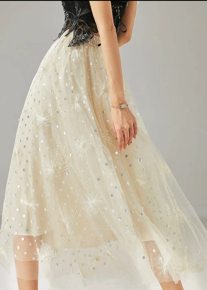 Milk White Embroidered Sequins Tulle Skirts Summer