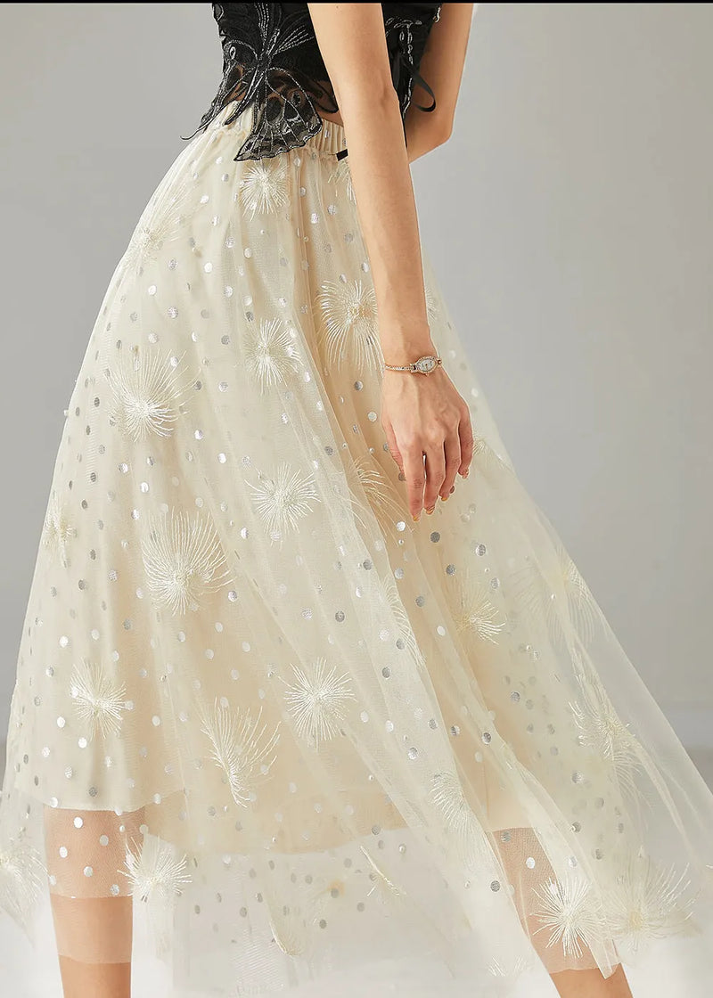 Milk White Embroidered Sequins Tulle Skirts Summer