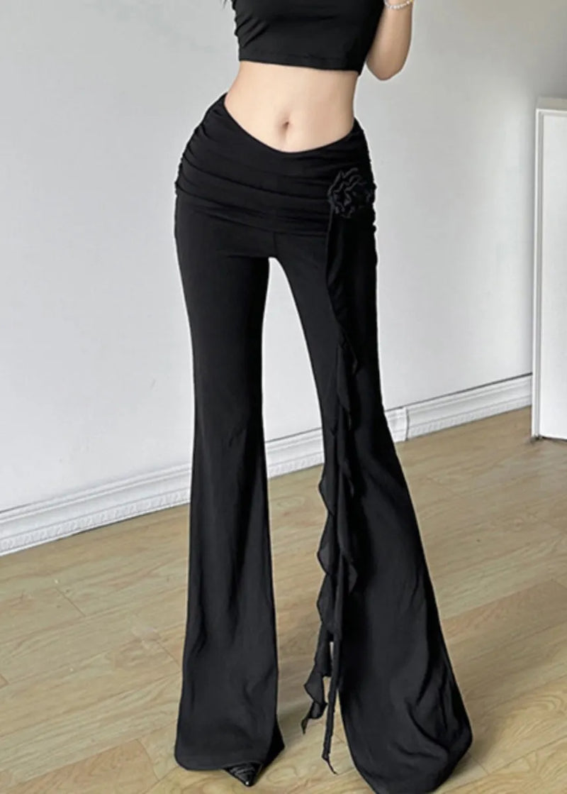 Retro Black Ruffled Patchwork High Waist Flared Pants Fall