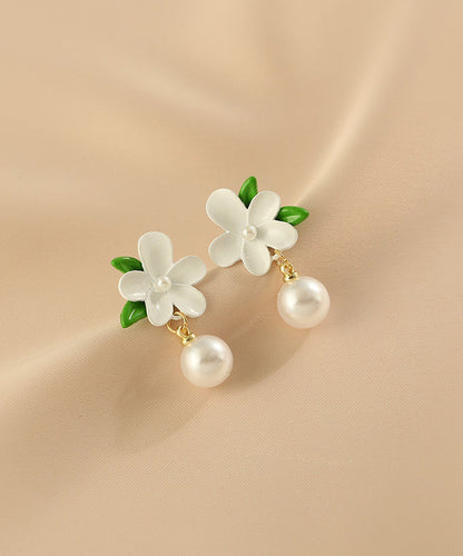 Diy Colorblock Alloy Pearl Gardenia Drop Earrings