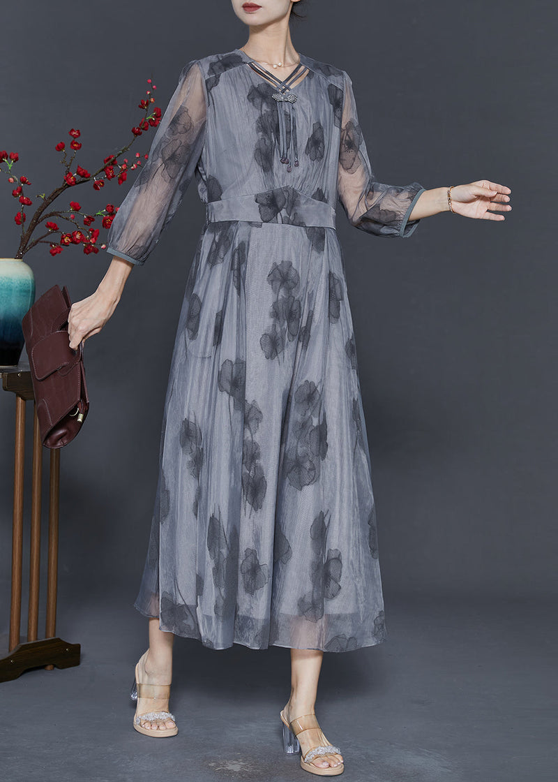 Grey Tasseled Print Silk Long Dress Bracelet Sleeve