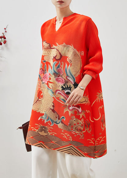 Red Dragon Print Cotton Short Dress Spring