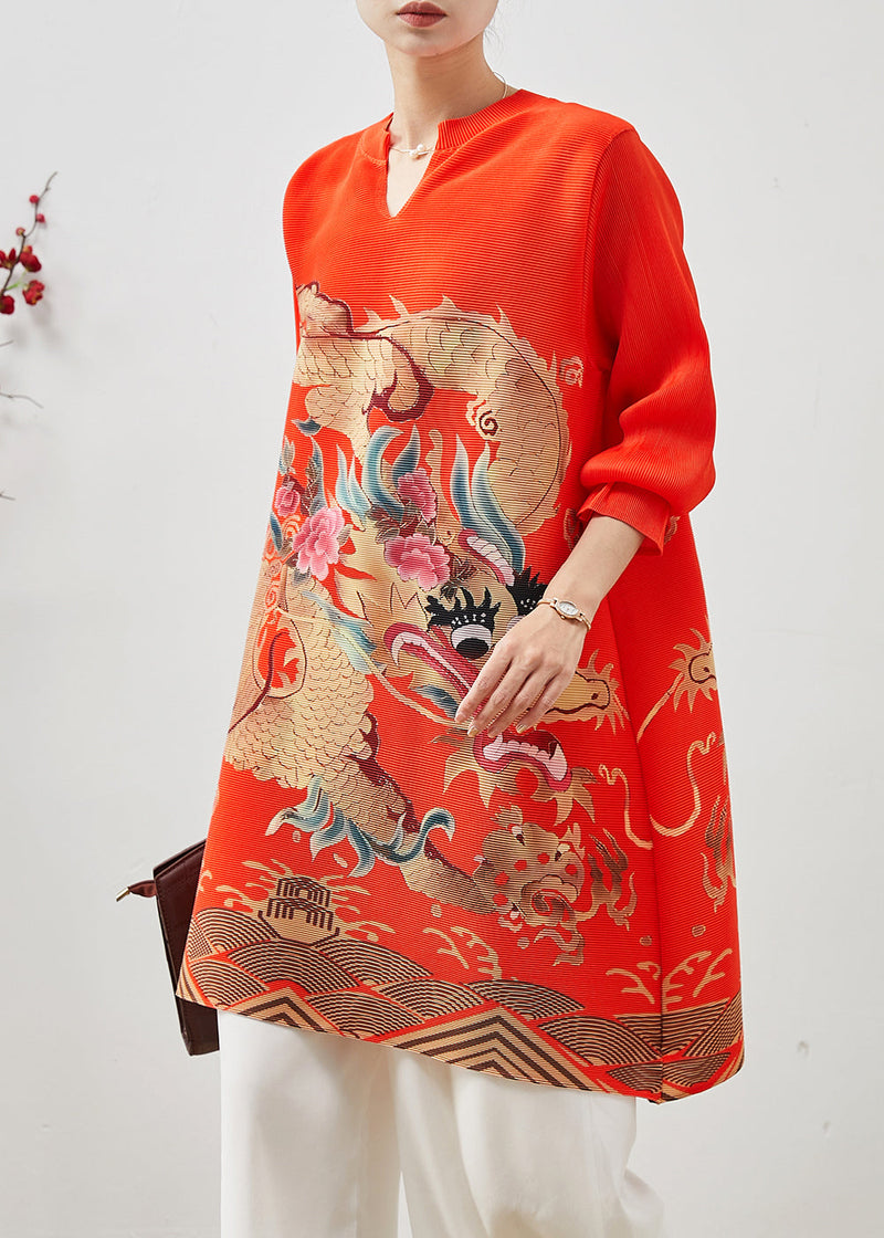 Red Dragon Print Cotton Short Dress Spring