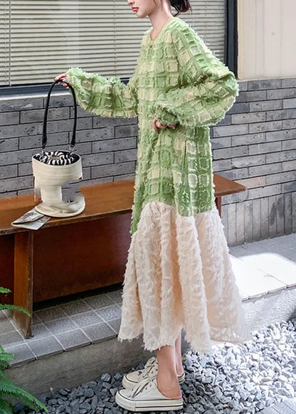 Stylish Green O-neck Plaid Patchwork Long Dress Spring
