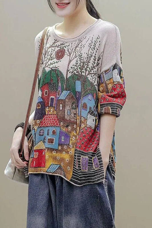 Split Hem Printed Half Sleeve Knitted T-shirt