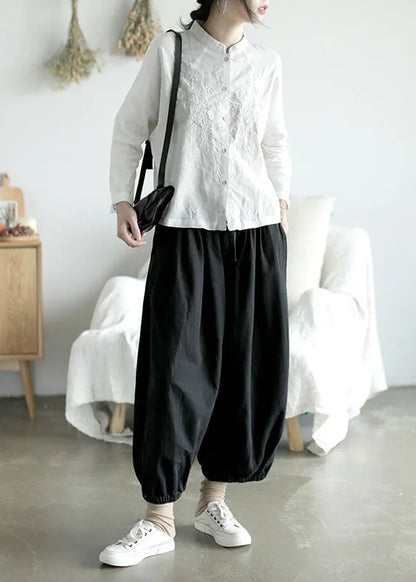 Handmade White Stand Collar Embroidered Cotton Shirts Spring