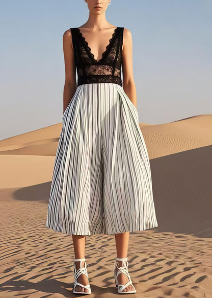 Natural White Striped Cotton Wide Leg Pants Summer