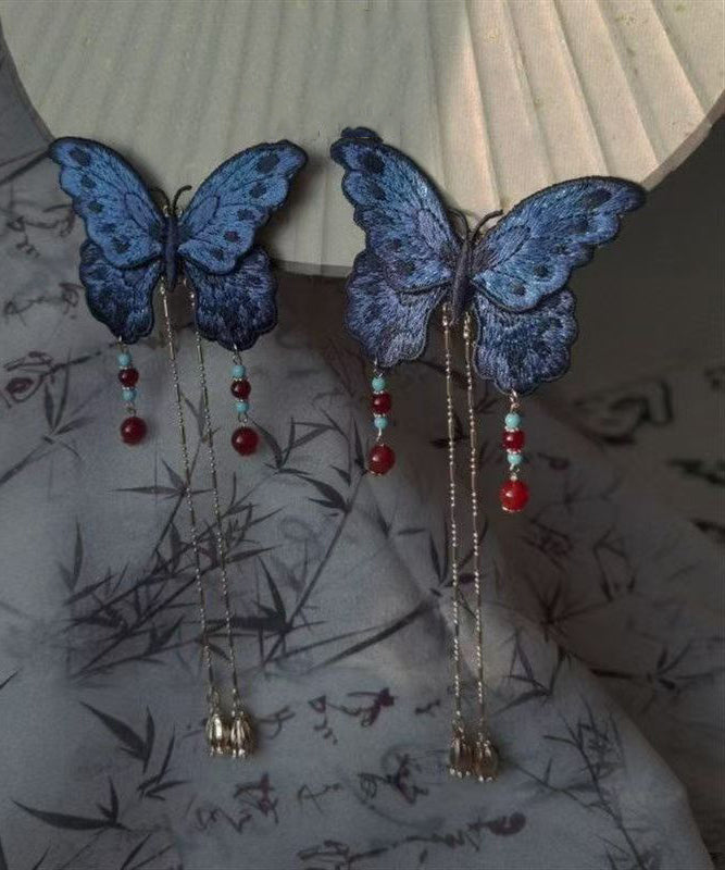 Original Design Blue Sterling Silver Overgild Embroidery Butterfly Tassel Hairpin