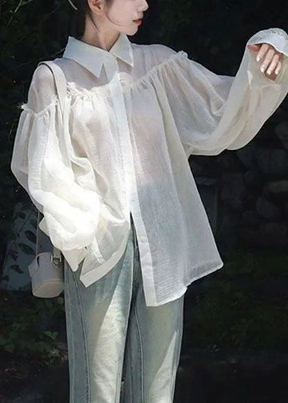 White Hollow Out Knit Cardigans and Shirts Two Pieces Set Long Sleeve