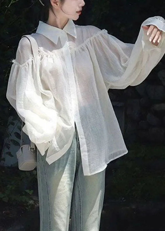 White Hollow Out Knit Cardigans and Shirts Two Pieces Set Long Sleeve