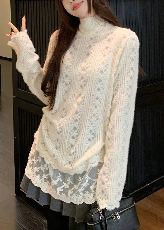 Apricot Hign Neck Lace Patchwork Knit Sweater Winter