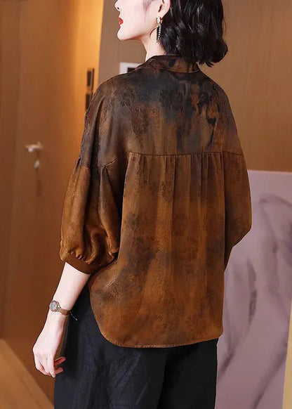 New Brown Peter Pan Collarbutton Silk Blouse Half Sleeve