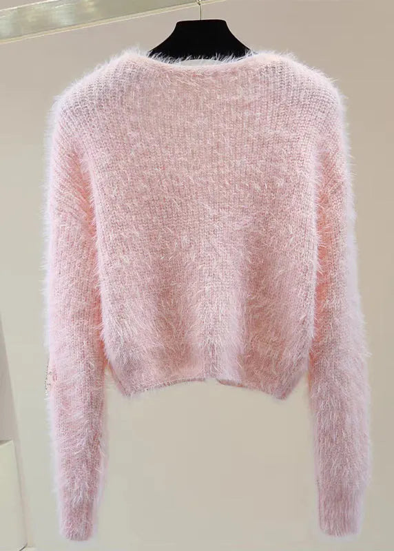 Pink V Neck Zircon Thick Mink Hair Knitted Sweater Winter