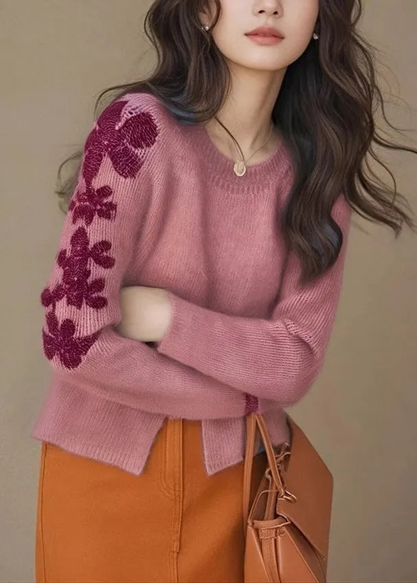 Rose Embroidered Side Open Knit Sweater Tops Winter