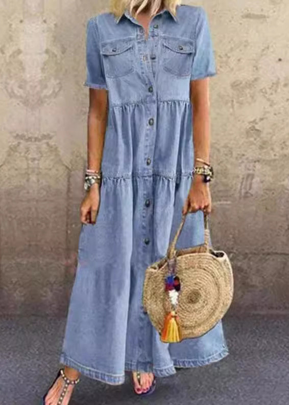 Loose Light Blue Peter Pan Collar Button Patchwork Denim Dresses Summer